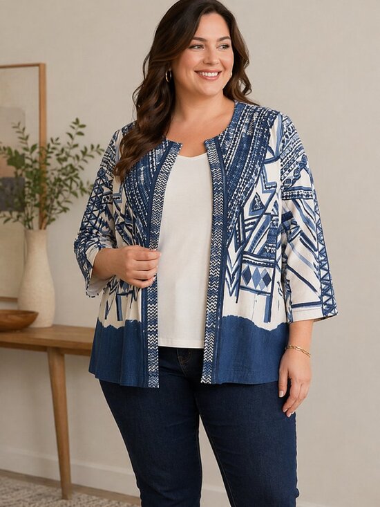 Chico's Jackets & Blazers - Chico's Blue Cream Jean Jacket w Geometric Sequin Design Boho Western Statement‎
